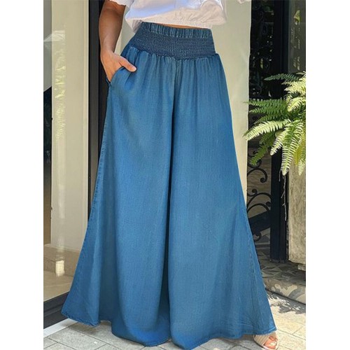 Women Loose Wide-Legged Denim Side Pocket Solid Casual Pants