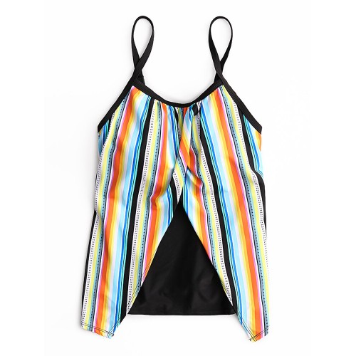 Plus Size Women Colorful Striped Spaghetti Straps Sleeveless Swimwear