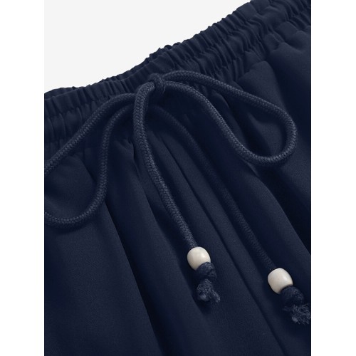 Women Pleats Casual Ankle Length Solid V-Neck Elastic Two-Piece Sets