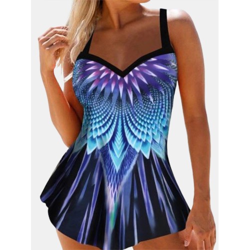 Plus Size Women Feather Printing Adjustable Straps Cover Belly Swimdresses