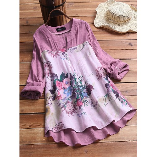 Women Casual Cotton Linen Floral Print Long Sleeve Blouse