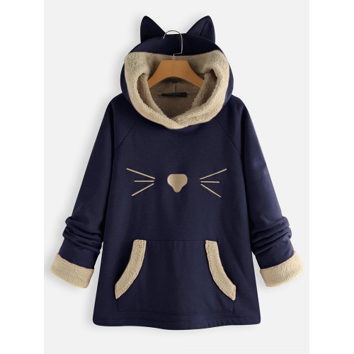Ears Hooded Fleece Patchwork Cartoon Print Sweatshirt