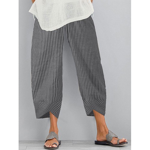 Casual Loose Striped Elastic Waist Irregular Hem Side Pocket Pants For Women
