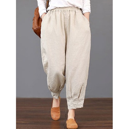 Women Solid Color Elastic Waist Loose Cotton Pants