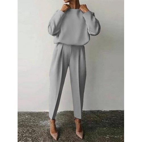Solid Zip Hasp Long Sleeve Crew Neck Two Pieces Set