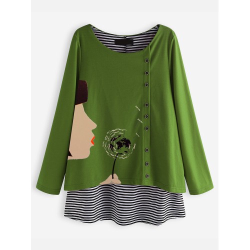 Casual Cartoon Print O-neck Stripe Long Sleeve Blouse For Women