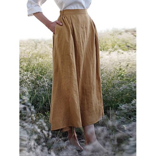 Solid Elastic Waist Linen Cotton Skirts