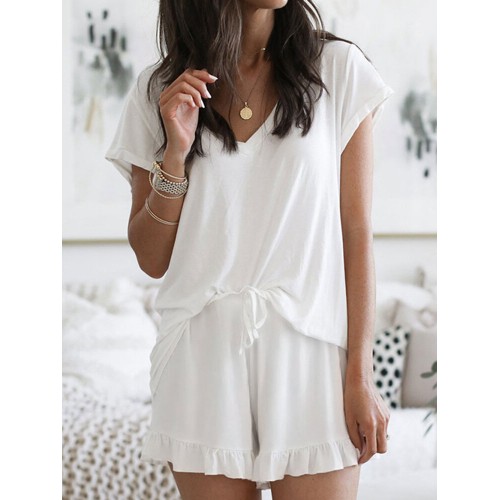 Solid Color Home Loungewear V-neck Short Sleeve Two Piece Set