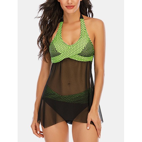 Plus Size Women Mesh See Through Polka Dot Print Wireless Halter Swimdress Swimwear