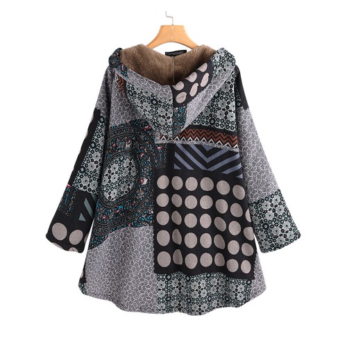 Vintage Women Printed Hooded Button Coats with Pockets