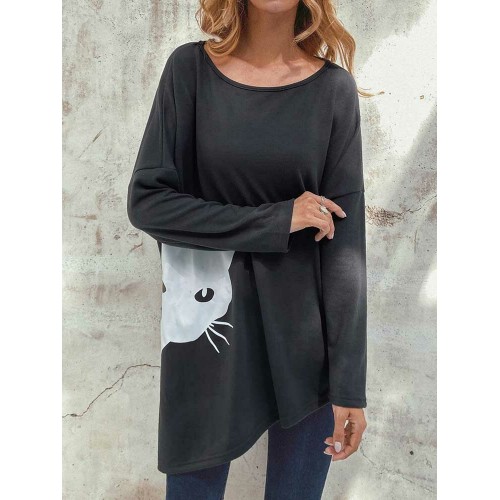 Irregular Cartoon Cat Print Long Sleeve Splited Blouse