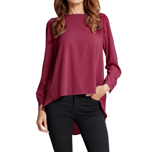 Casual Women Solid O Neck Long Sleeve Pleated Irregular Chiffon Blouse