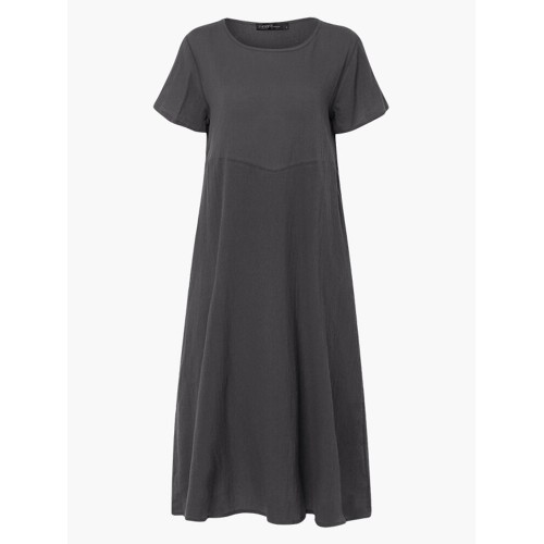 Women Cotton Loose Solid Color O-Neck Short Sleeve Side Pockets Dress