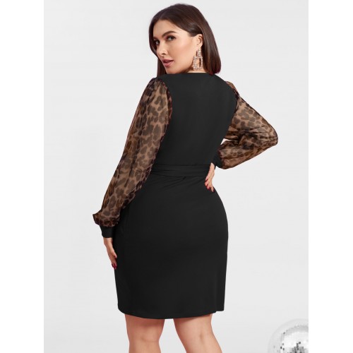 Plus Size V-neck Leopard Patchwork Design Long Sleeves Dress