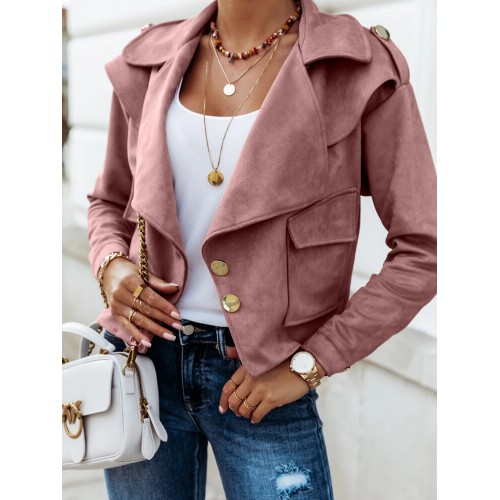Women Solid Faux Suede Button Up Lapel Casual Long Sleeve Jacket With Pocket