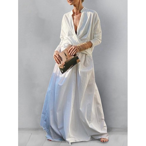 Women Solid Color V-Neck High Low Hem Blouse Elastic Waist Swing Skirts Two Piece Set