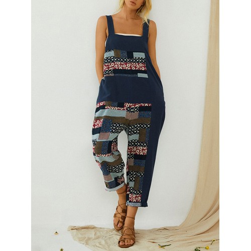 Vintage Print Patchwork Loose Straps Romper Jumpsuits For Women